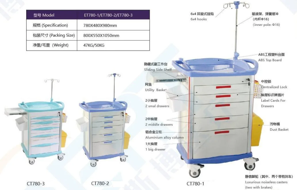 Hospital Clinic Trolly in Sales Medical Cart Crash Cart Medical Trolley for Hospital Furniture